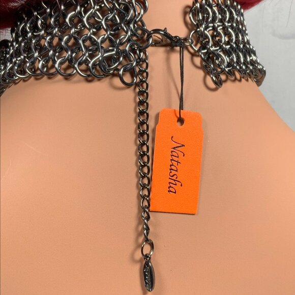 Natasha Gunmetal Pave Bib Statement Necklace Skulls Chainmail Choker Goth - Picture 6 of 17